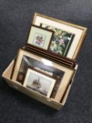 A box of eight framed wool work pictures together with a map 'Northumberland Union of Golf Clubs'