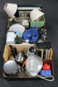 Three boxes of kitchen ware - juicer, pans, picture, chopping board, kitchen bin, fan heater,