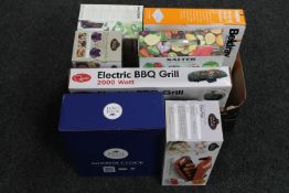 A box of boxed kitchen appliances - electric BBQ grill, flip over cake maker, Salter hand mixer etc,