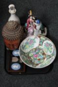 A tray of framed Wedgwood QE II silver jubilee plaque, oriental fruit bowl,