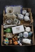 Two boxes of Japanese tea china, marble table lamp, Ringtons vases,