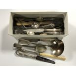 A collection of cutlery, antique silver handled items, teaspoons, silver plated examples also.