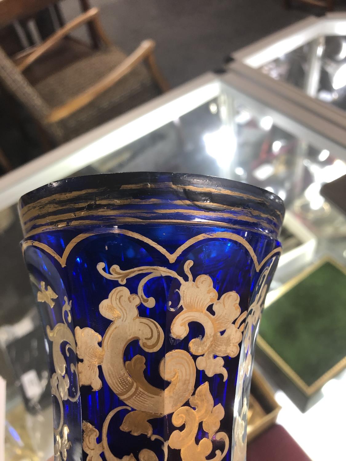 A Victorian blue glass enamelled hand painted lidded vase, height 34.5 cm. - Image 2 of 14