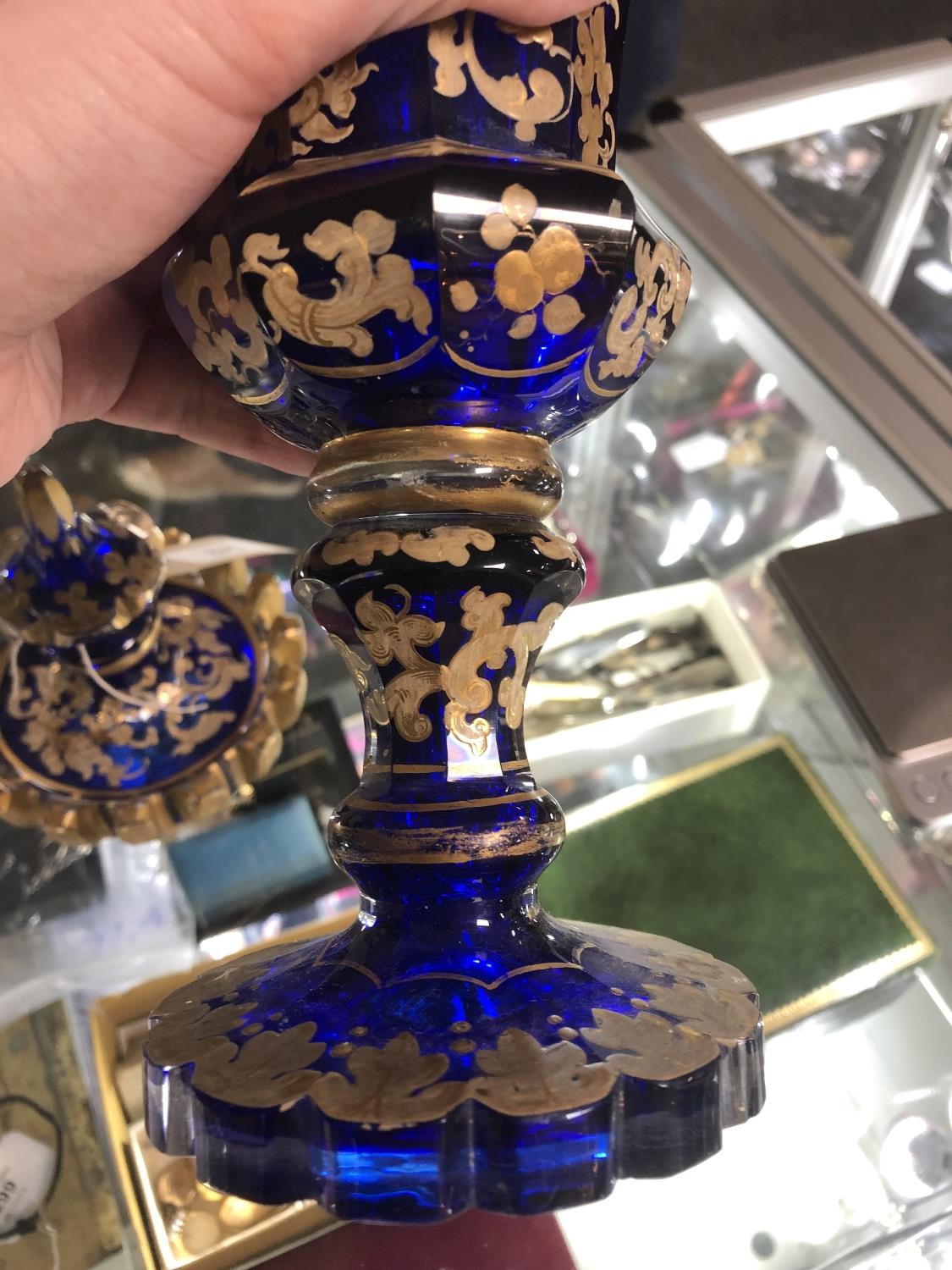 A Victorian blue glass enamelled hand painted lidded vase, height 34.5 cm. - Image 10 of 14