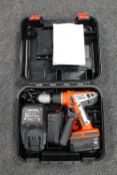 A cased Black & Decker 18volt drill with battery and charger
