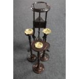A stained wig stand fitted two drawers and three stained oak smoker's stands