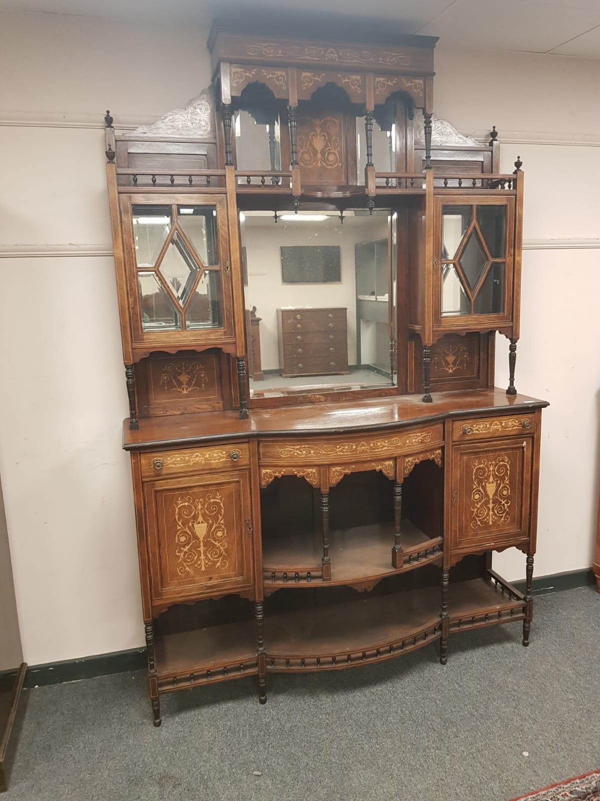 A late Victorian inlaid rosewood mirror back sideboard,