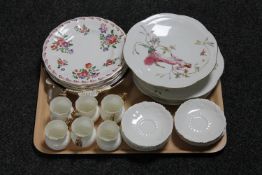 A tray of antique china to include four Royal Crown Derby floral plates, pair of Canida plates,