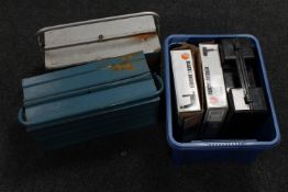 Two metal concertina tool boxes of hand tools, cased black and Decker jigsaw,