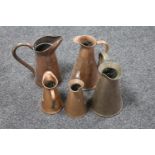 Five antique copper jugs