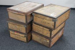 Five mid 20th century metal bound packing crates