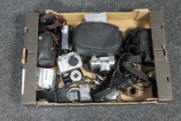 A box of 35mm digital cameras - Canon, Pentax, Nikon,