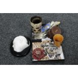 An assortment of collectables to include Mauchline ware cup, dress studs, cutlery,