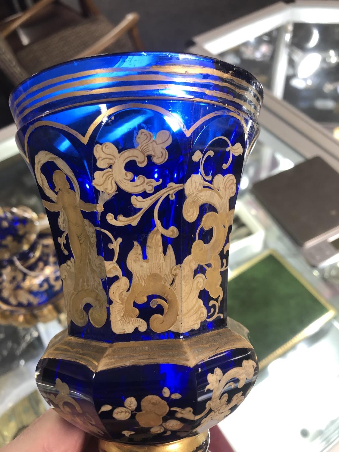 A Victorian blue glass enamelled hand painted lidded vase, height 34.5 cm. - Image 7 of 14