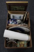 Two boxes of framed pictures, glass ware, tureen,