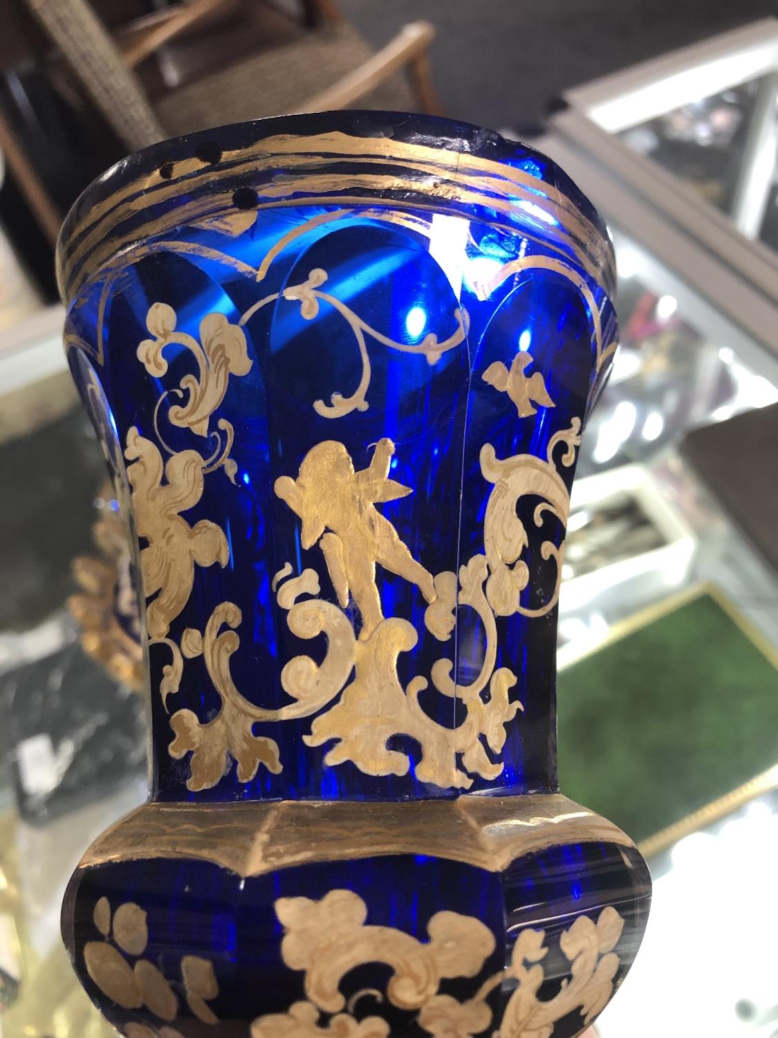 A Victorian blue glass enamelled hand painted lidded vase, height 34.5 cm. - Image 8 of 14