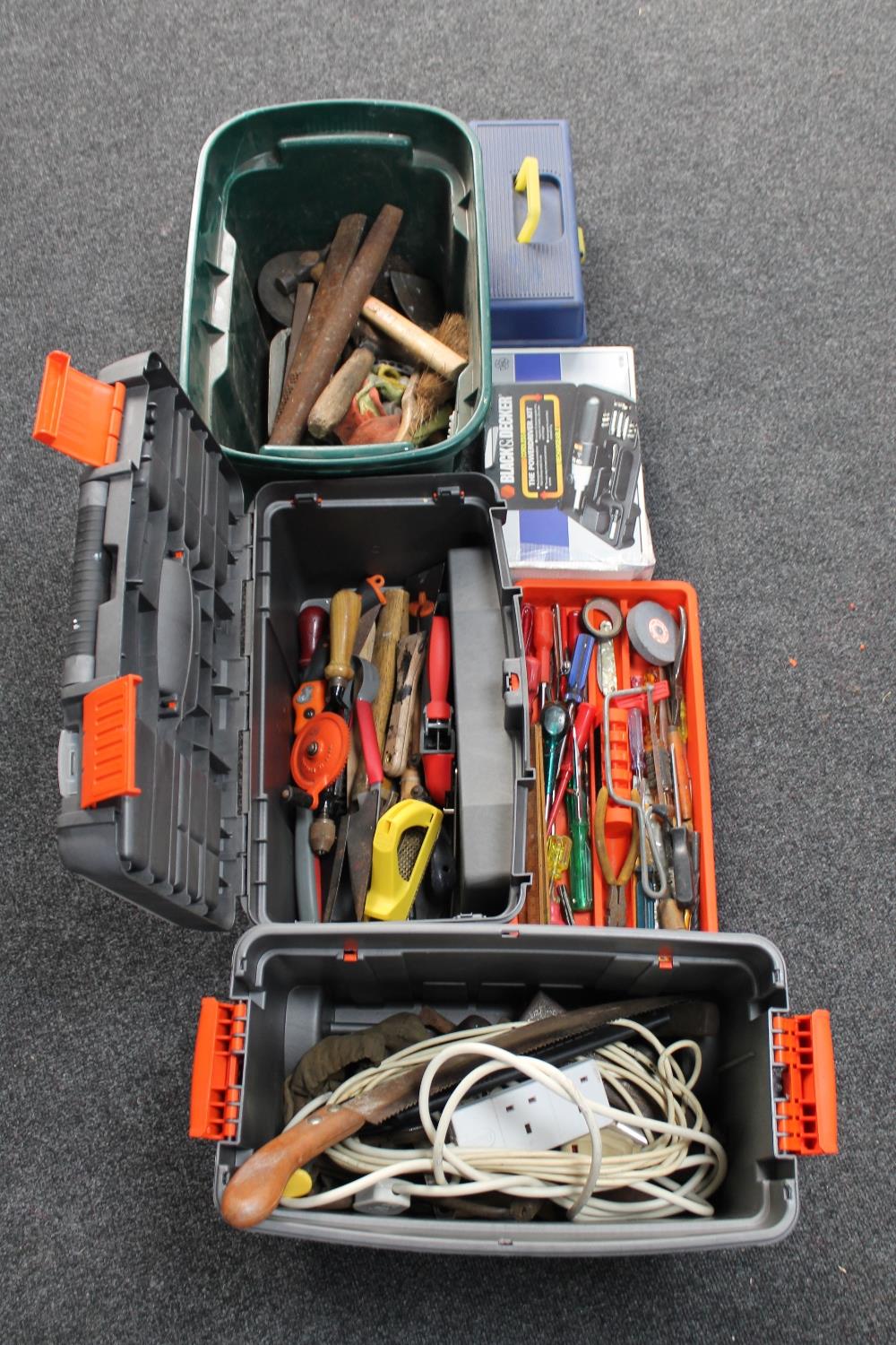 A plastic tool box and two crates of hand tools,
