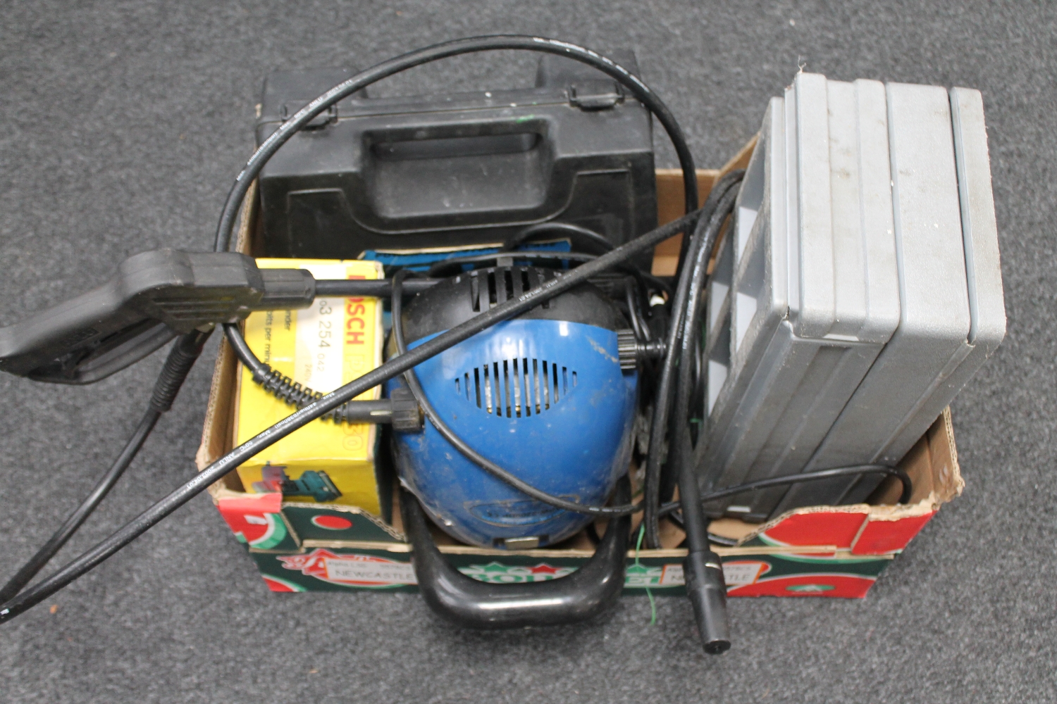 A box of pressure washer, tool box and tools,