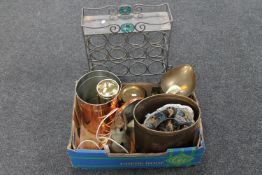 A metal twelve bottle wine rack and a box of brass & copper kitchen storage jars, embossed bin,