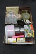 Two boxes of cake tins, assorted glass ware, kitchen bowls,