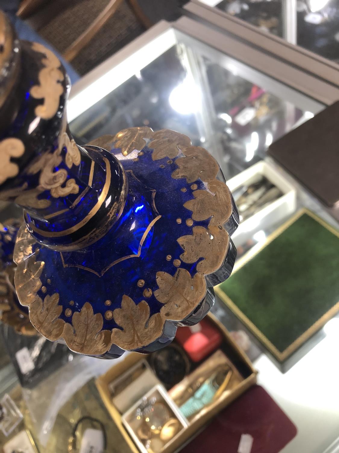 A Victorian blue glass enamelled hand painted lidded vase, height 34.5 cm. - Image 11 of 14