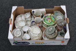 A box of assorted tea china, Maling dish and bowl, Wedgwood Jasperware,