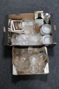 Two boxes of glass ware, serving dishes, cocktail shaker,