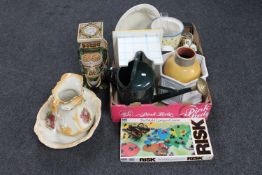 Two boxes of planters, watering can, board game, glass vases, A Victorian wash jug and basin,