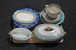 A tray of antique pottery, oversized cup and saucer,