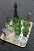 A tray of seven pieces of antique and later green glass, decanter, hand painted jug, basket,