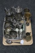A tray of assorted plated wares - goblets, vases,
