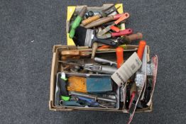 Two boxes of hand tools, dry wall fixing kit,