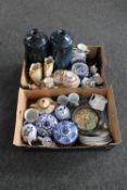 Two boxes of pottery vases, blue and white delft style china, collector's plates,