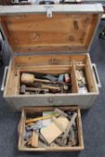 A mid 20th century pine joiner's tool box containing tools