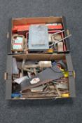Two boxes of adjustable ratchets, hand tools, hard ware,