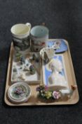 A tray of china including Beswick terrier, china posies, antique creamware tankard,