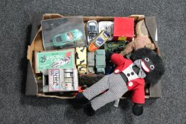 A box of die cast and military vehicles, Scalextric racing cars,