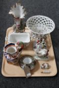 A tray of antique and later china to include continental basket, figurines,