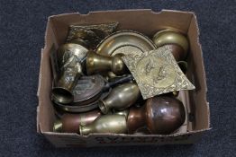 A box of assorted antique and later brass and copper pieces - vases, plaques, jug,