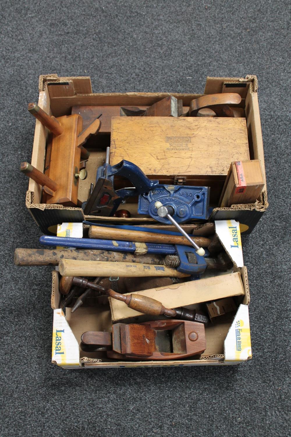 Two boxes of hand tools, wood working planes, record tools plane in wooden box,