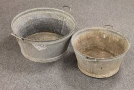 Two circular galvanised wash tubs