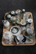 A tray of continental china trinket sets, tea cups and saucers,