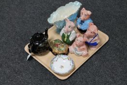 A tray of four Wade Nat West pigs (three stoppers missing), Maling vase, Limoges trinket dish,