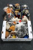 Two boxes of assorted soft toys - meerkats etc