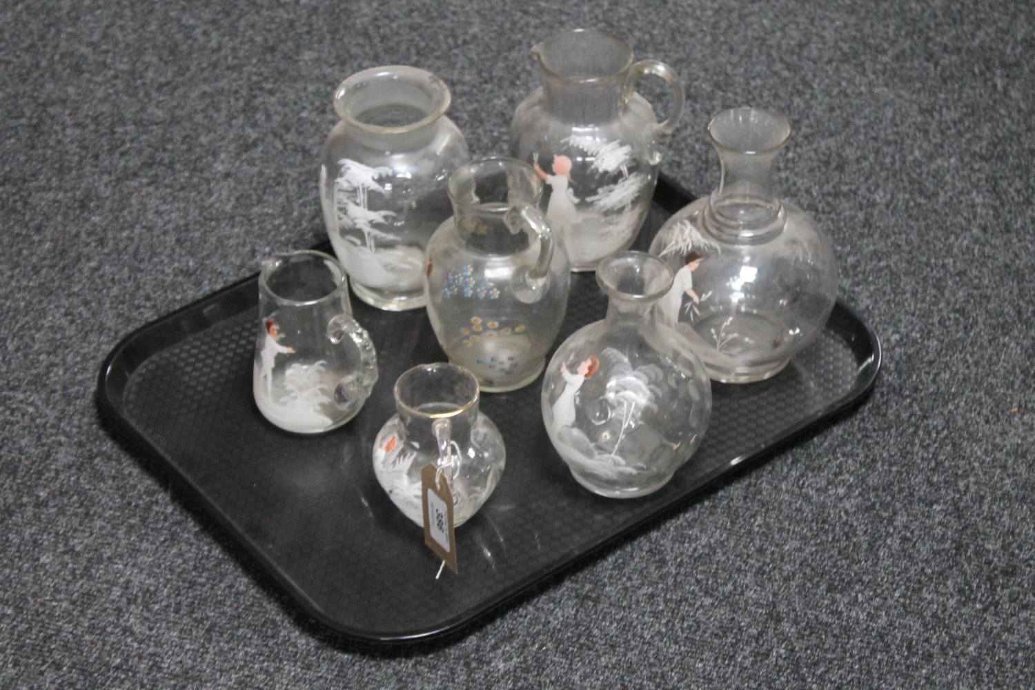 A tray of seven pieces of Victorian hand painted glass ware