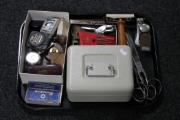 A tray of cash box, vintage scissors, stationary, drawing instruments, tape measures,