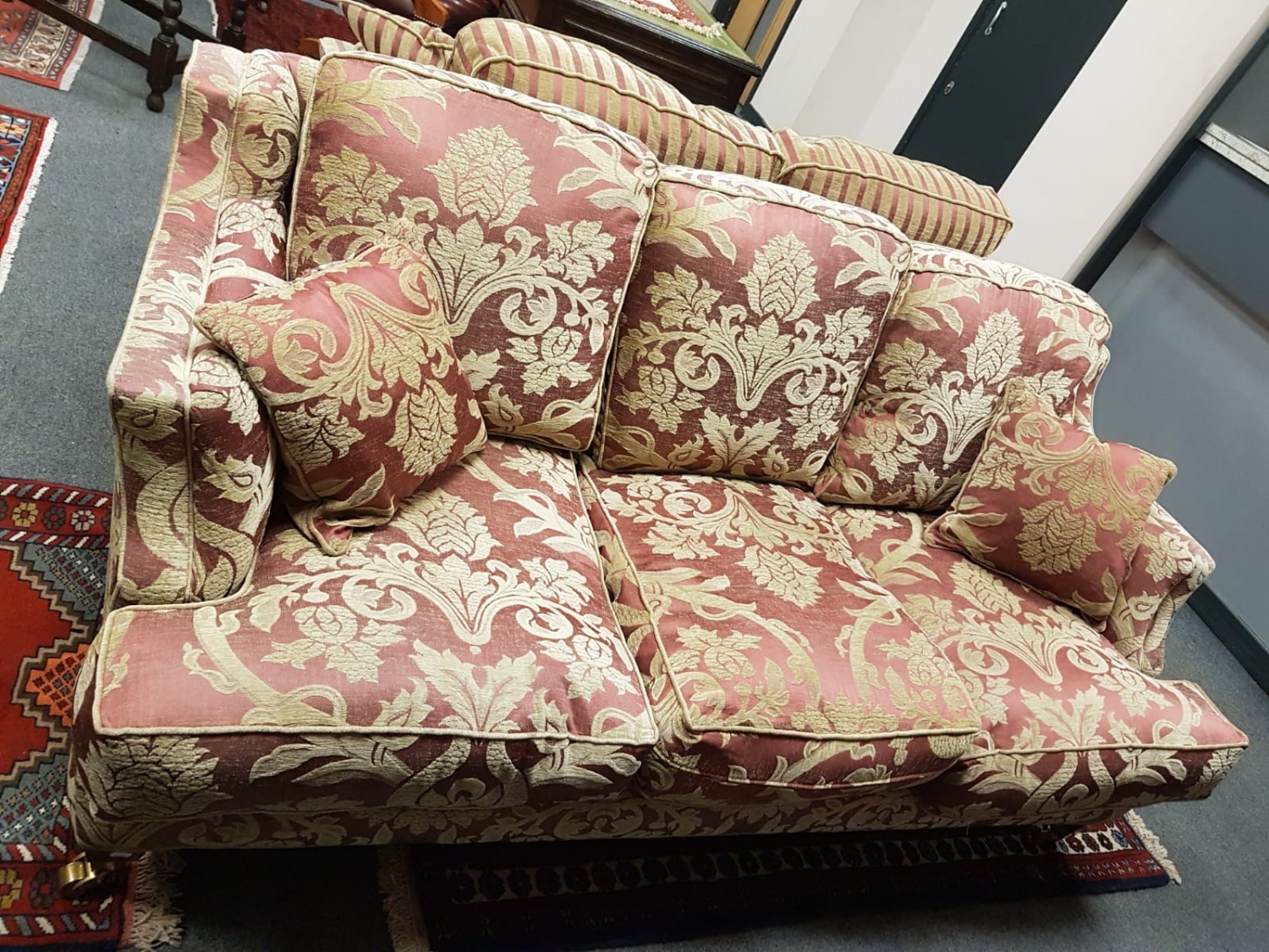 A three seater and two seater classical style settees and footstool by Wade, - Image 2 of 2
