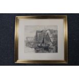 A gilt framed continental school etching, Harbour scene,