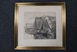 A gilt framed continental school etching, Harbour scene,