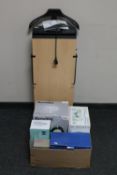 A Corby 7700 trouser press together with a box containing Brevel water dispenser, steam iron,